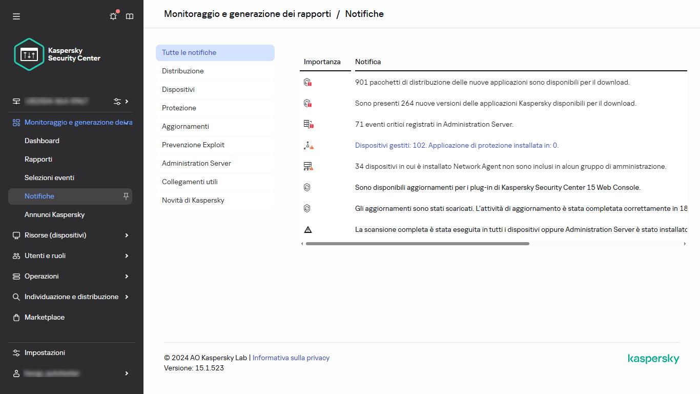 Sezione Notifiche in Monitoraggio e generazione dei rapporti.