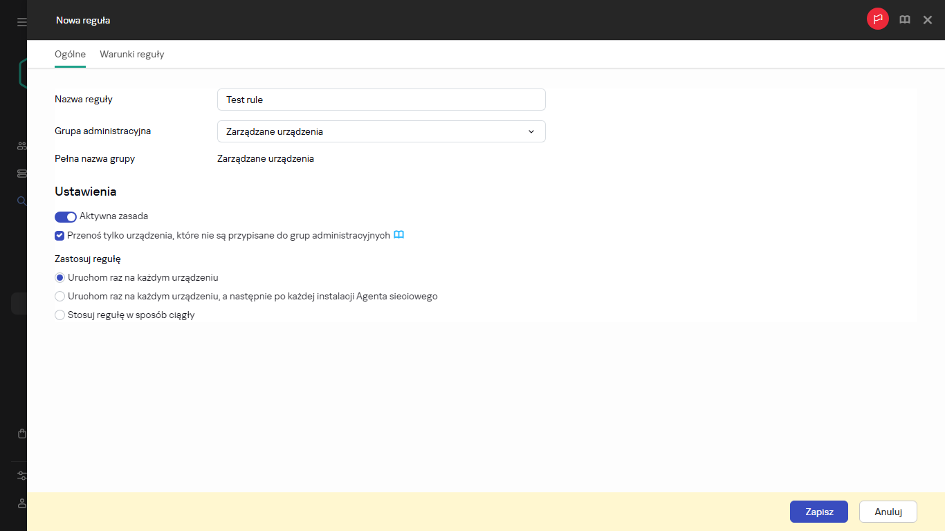 Okno tworzenia nowej reguły.