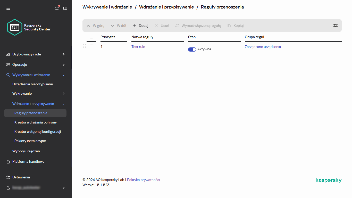 Sekcja dotycząca reguł przenoszenia w Kaspersky Security Center.