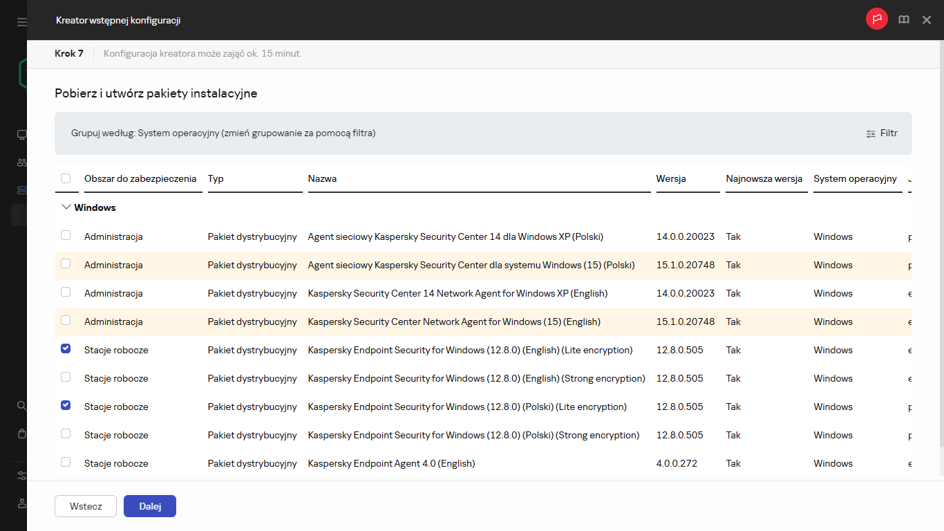 Krok Tworzenie pakietów instalacyjnych w Kreatorze wstępnej konfiguracji.