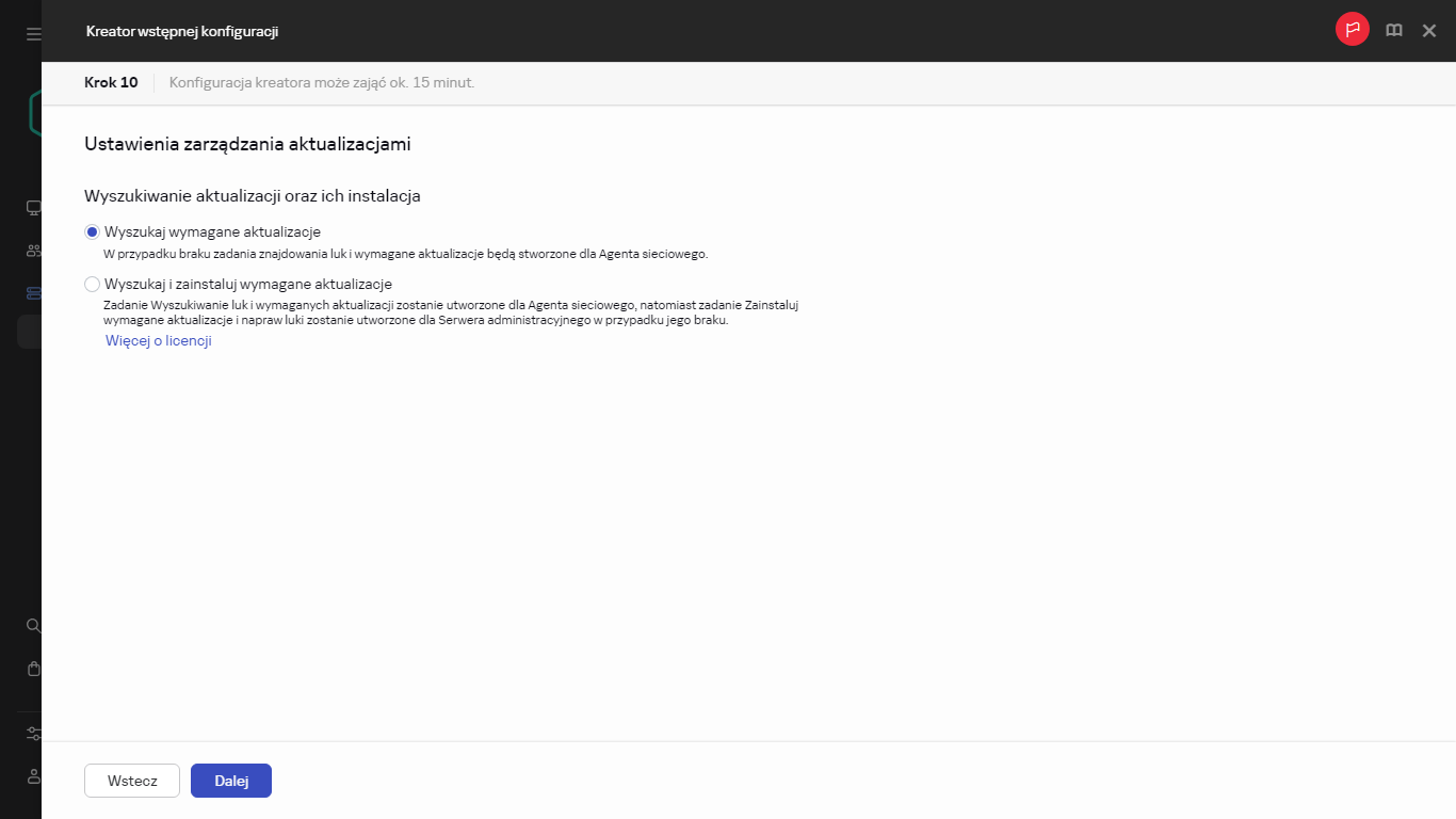 Krok Zarządzanie aktualizacjami w Kreatorze wstępnej konfiguracji.