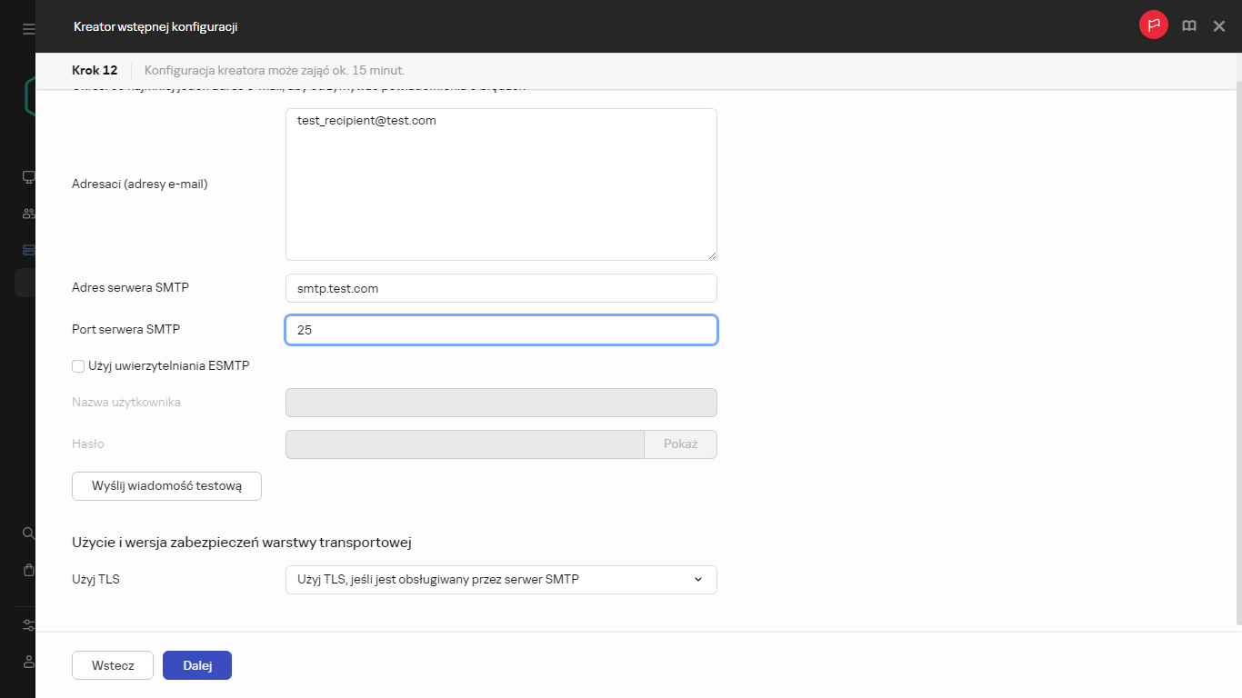 Krok powiadomień e-mail w Kreatorze wstępnej konfiguracji.