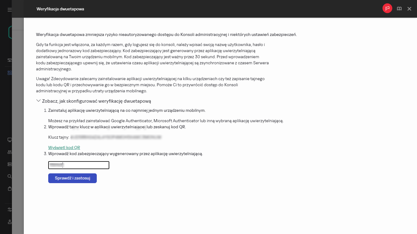 Okno weryfikacji dwuetapowej.