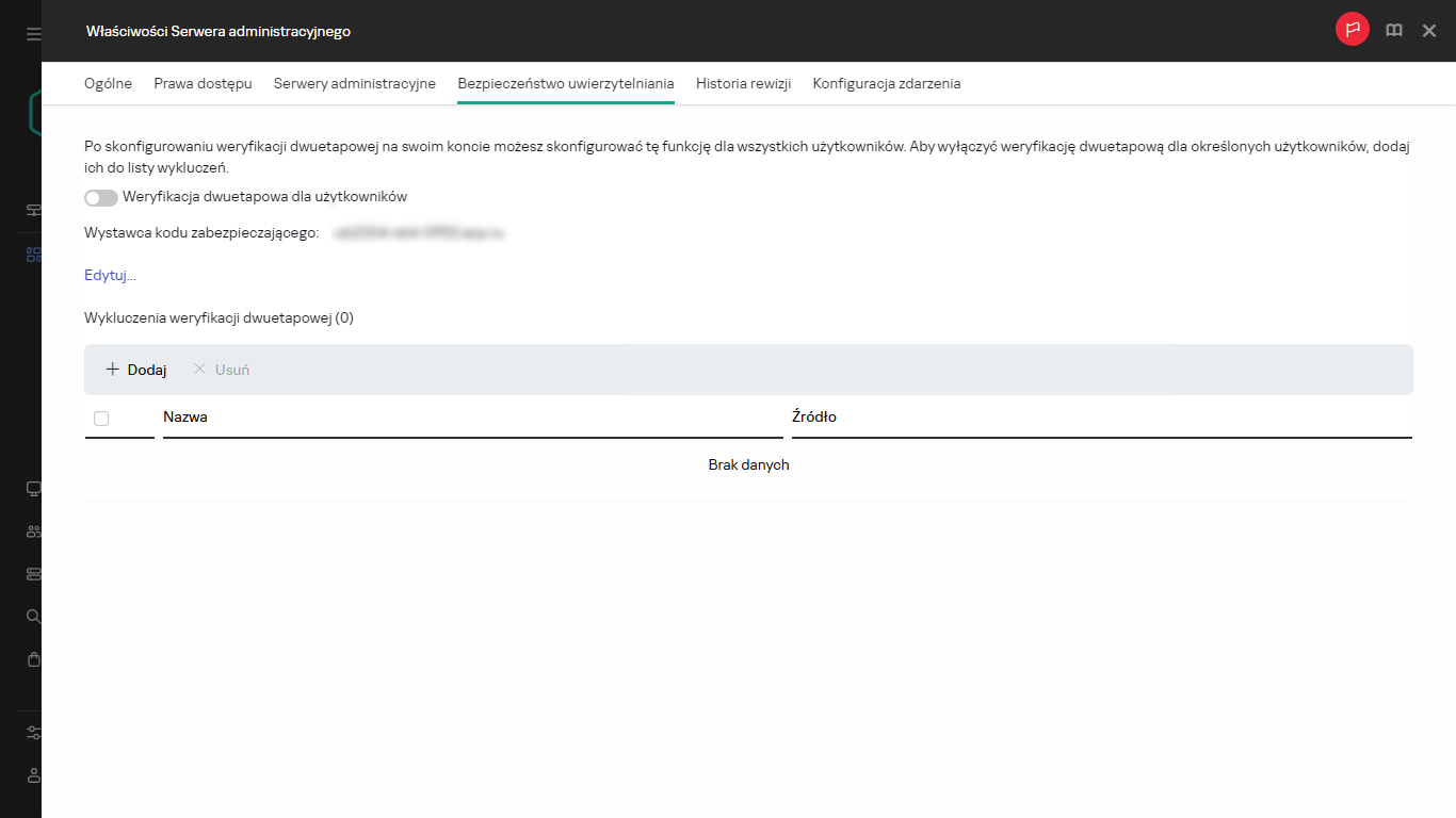 Karta bezpieczeństwa uwierzytelniania we właściwościach Serwera administracyjnego.