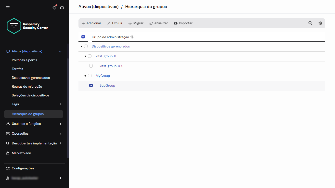 Hierarquia de grupos com subgrupo selecionado.