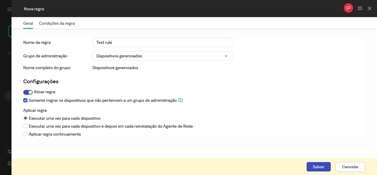 A nova janela de criação de regras.