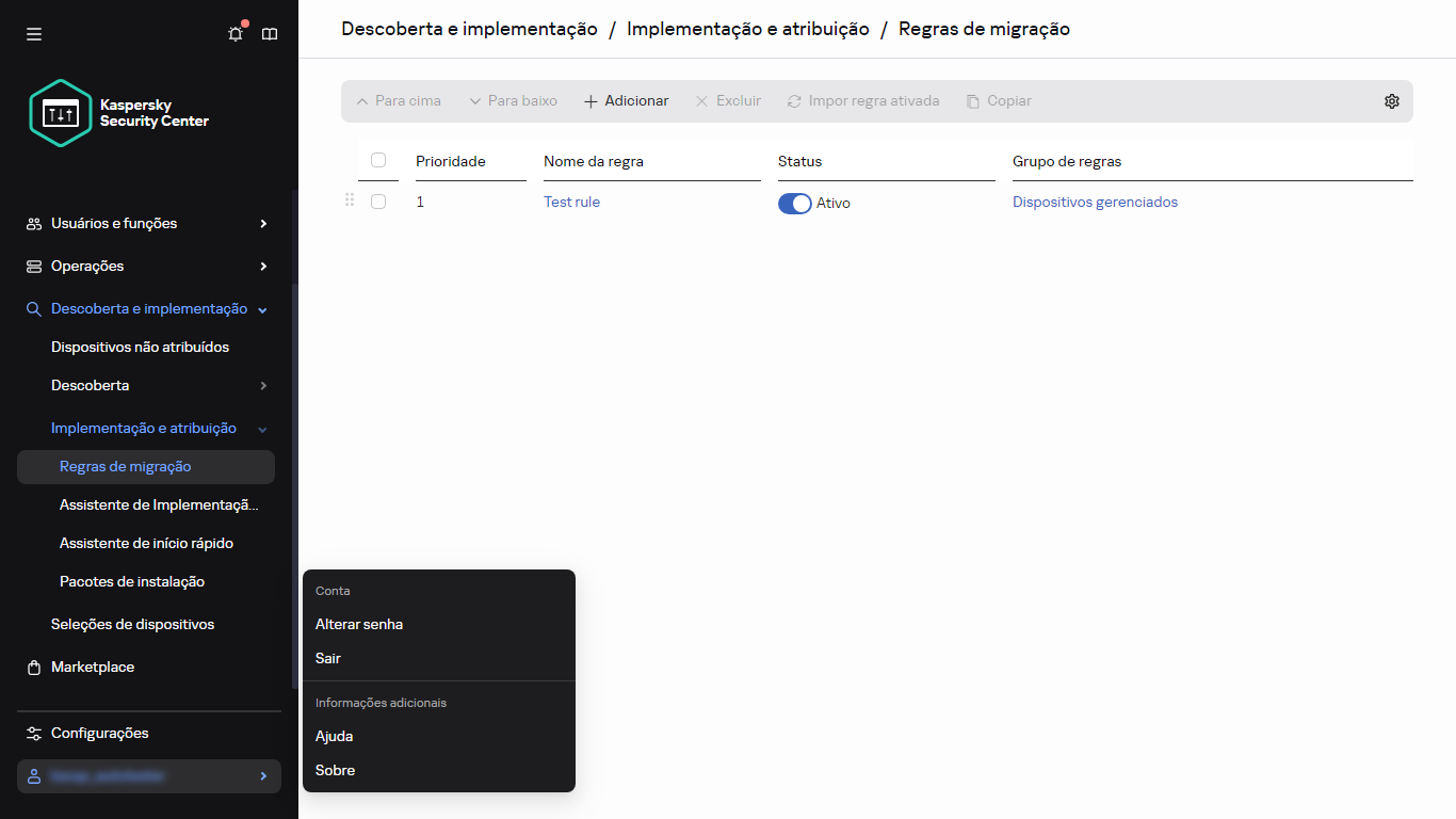A seção de regras de movimentação do Kaspersky Security Center.