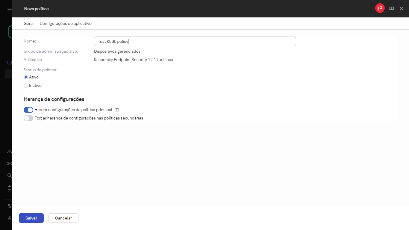 Novas configurações de política.