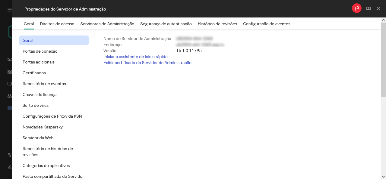 Uma captura de tela da janela do Servidor de Administração que exibe um link para iniciar o Assistente de Início Rápido.