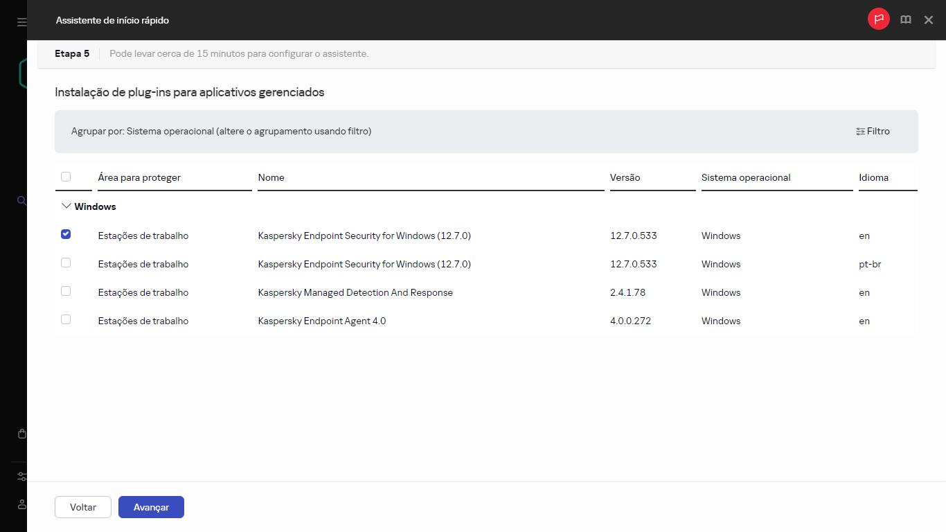A etapa Instalação de plug-ins do Assistente de início rápido.