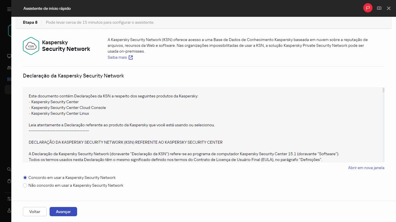 A etapa do Kaspersky Security Network do Assistente de início rápido.