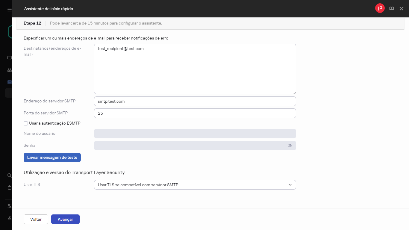 A etapa de notificações por e-mail do Assistente de início rápido.