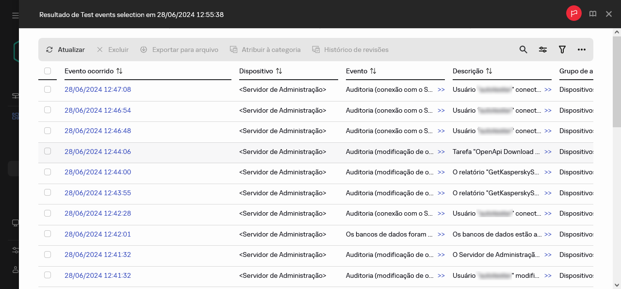 Resultado da seleção de eventos.