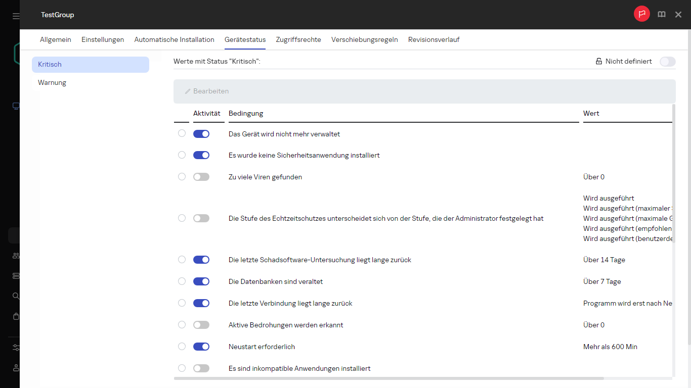 Festlegen des Status "Kritisch" in der Gruppe "Gerätestatus".
