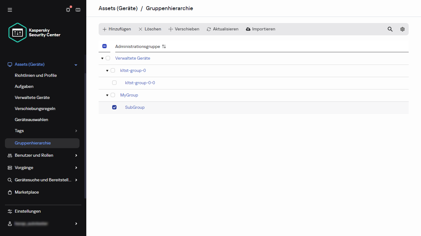 Gruppenhierarchie mit ausgewählter Untergruppe.