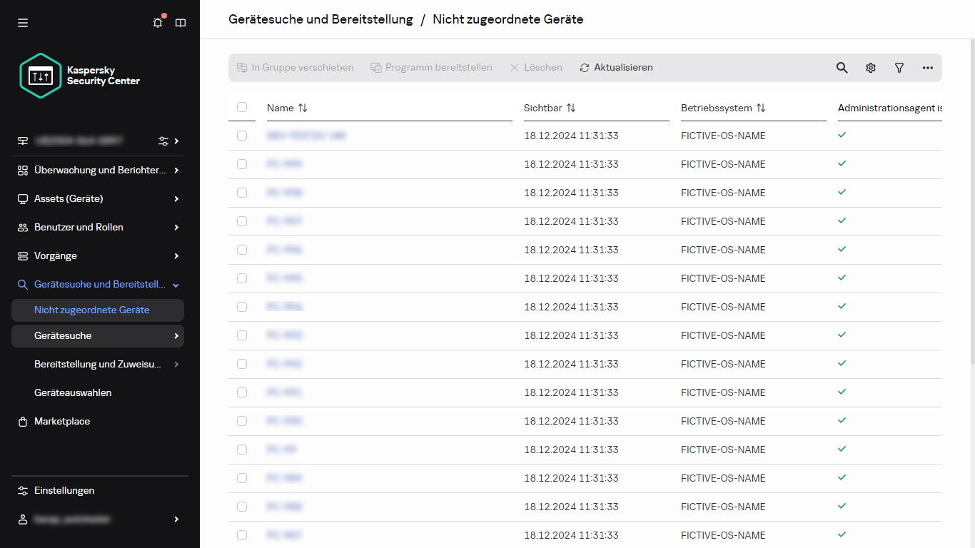 Der Bereich "Nicht zugeordnete Geräte" im Abschnitt "Entdeckung & Bereitstellung"