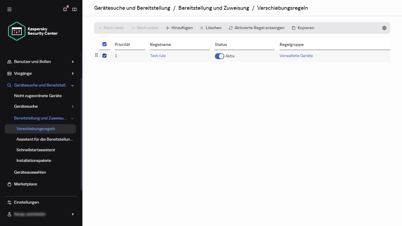 Die ausgewählte Zeile im Abschnitt "Verschiebungsregeln".