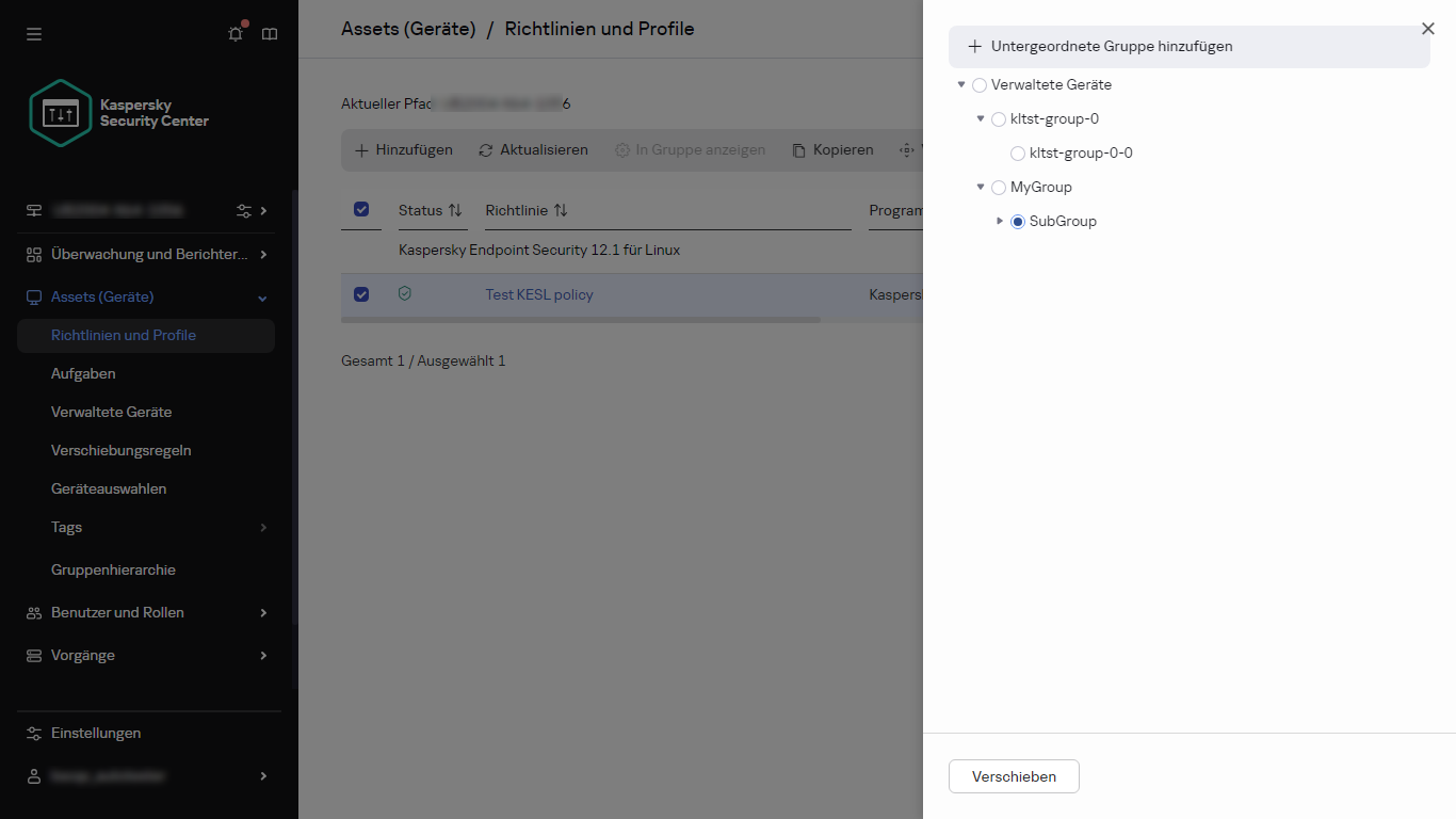 Wählen Sie die Gruppe aus, um den Richtliniendialog zu verschieben.