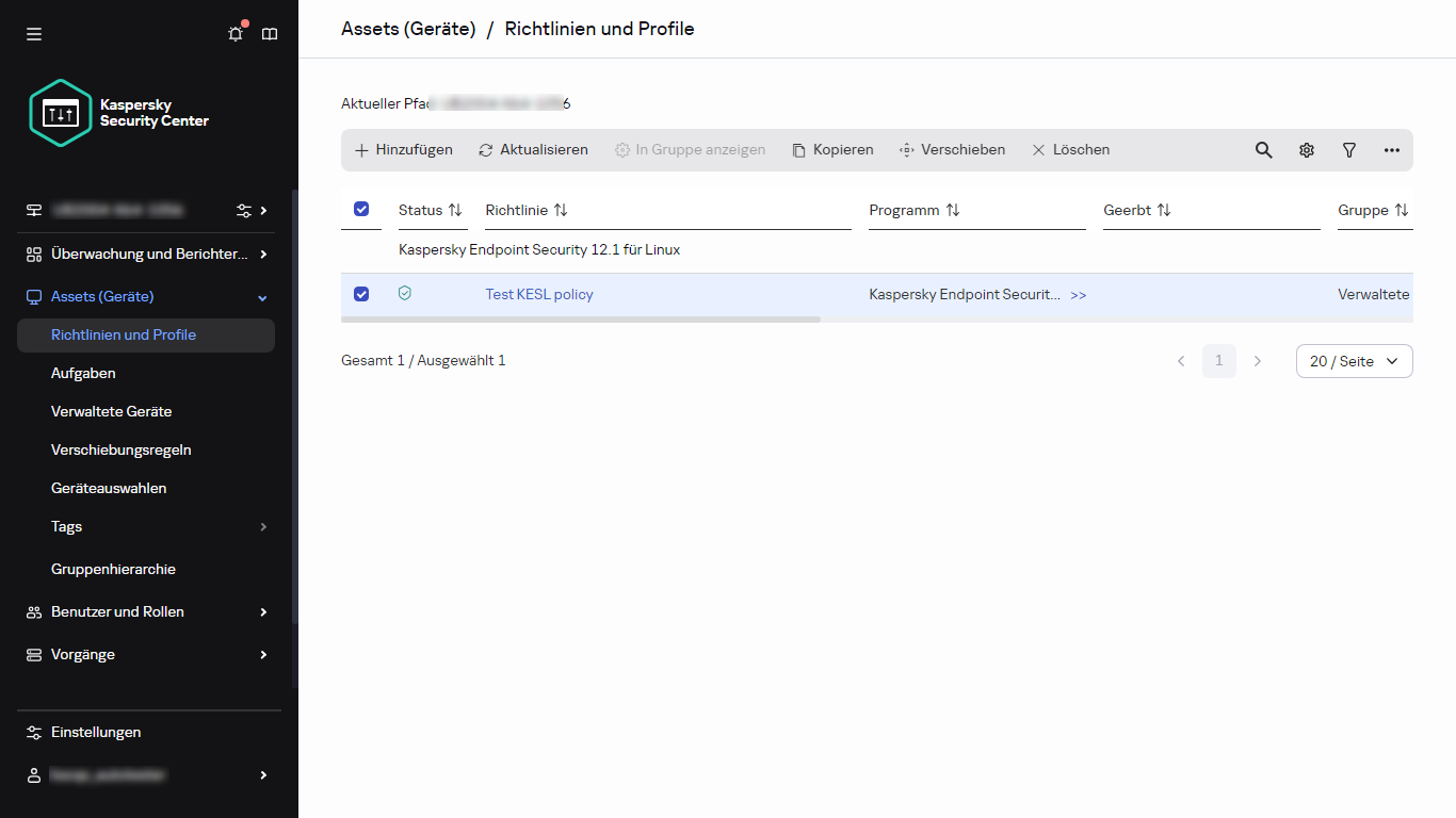 Das Fenster "Richtlinien und Profile" mit der ausgewählten Richtlinie.
