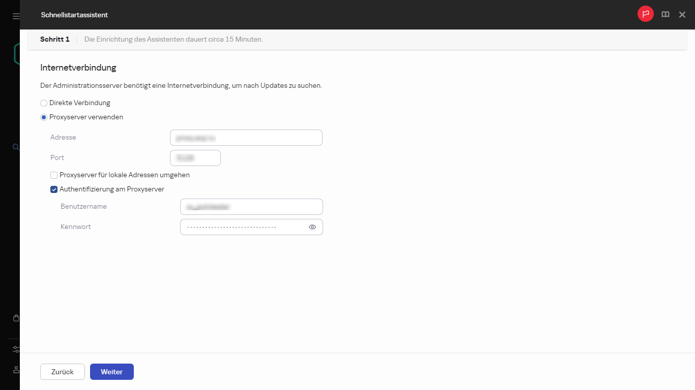 Der Schritt "Internetverbindung" des Schnellstartassistenten.