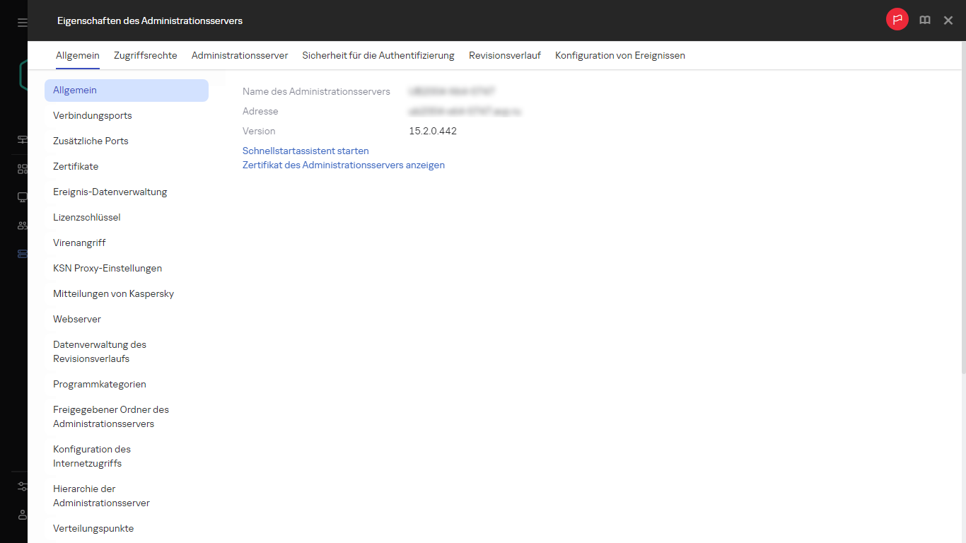 Ein Screenshot des Fensters des Administrationsservers, das einen Link zum Starten des Schnellstartassistenten enthält.