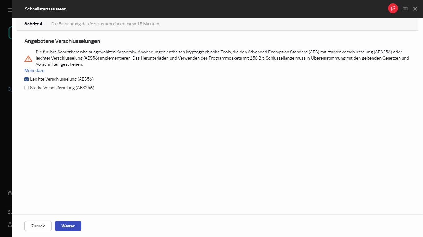 Der Schritt "Verschlüsselung für die Lösungen" des Schnellstartassistenten.