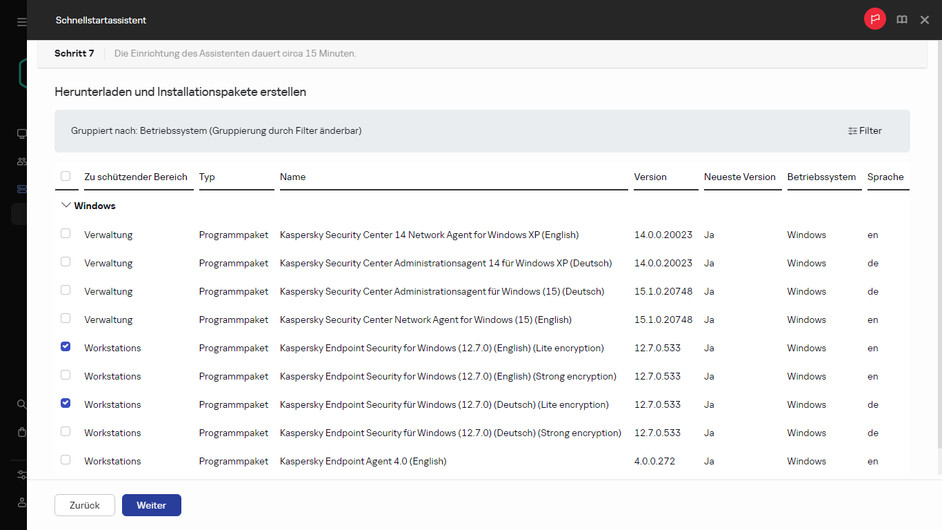 Der Schritt "Installationspakete erstellen" des Schnellstartassistenten.