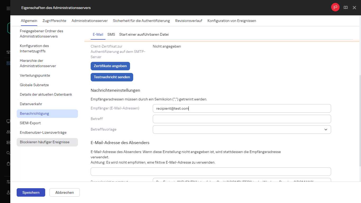 Benachrichtigung auf der Registerkarte "Allgemein" in den Eigenschaften des Administrationsservers.