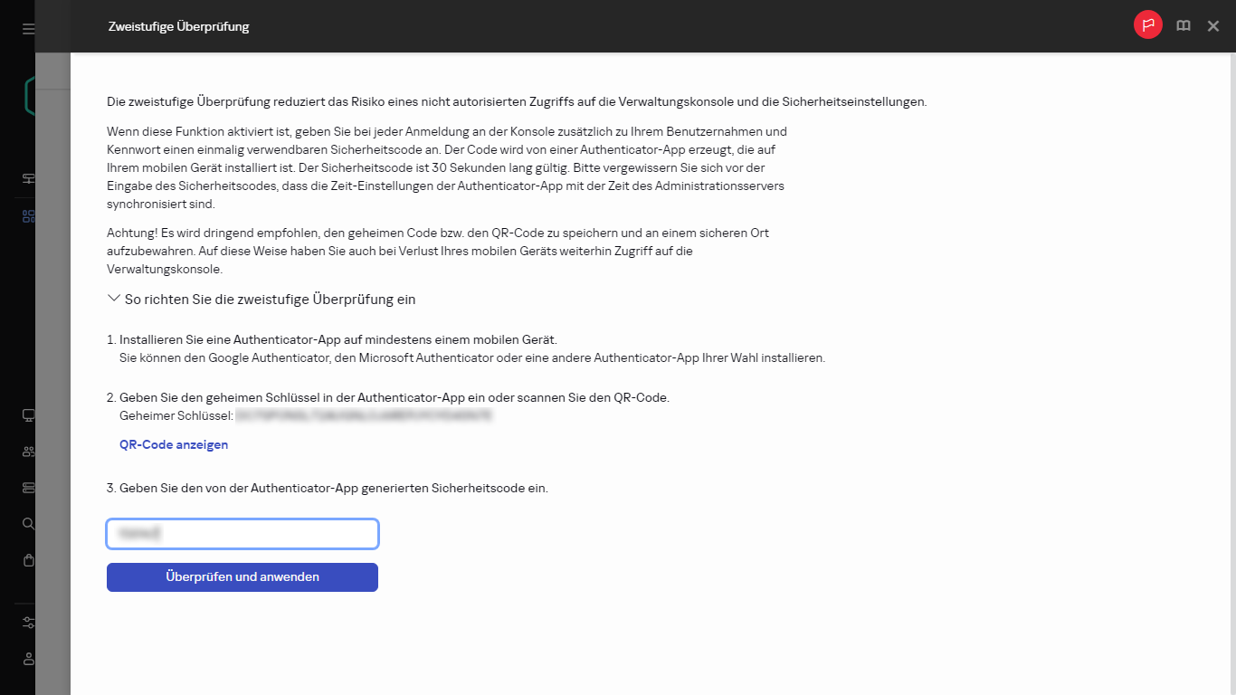 Das Fenster für die zweistufige Überprüfung.