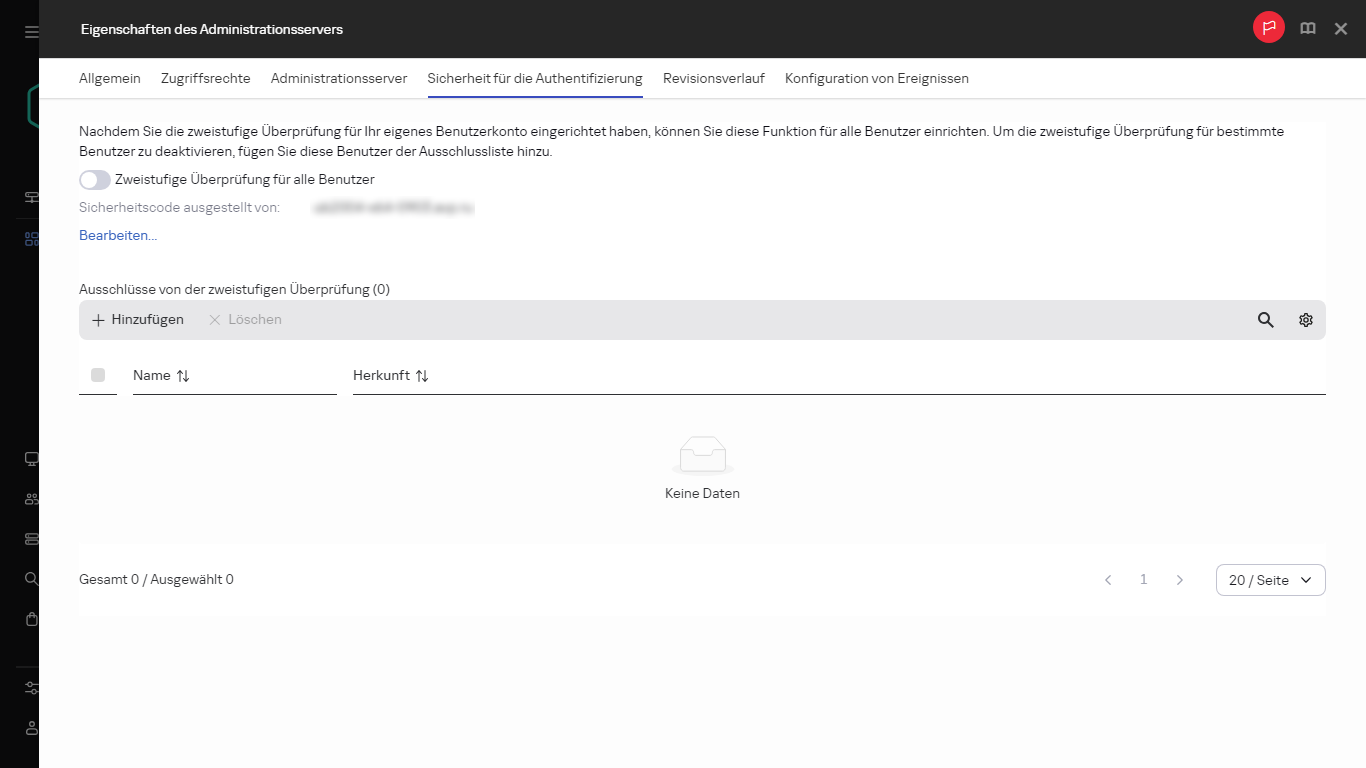 Die Registerkarte "Sicherheit beim Authentifizieren" in den Eigenschaften des Administrationsservers.