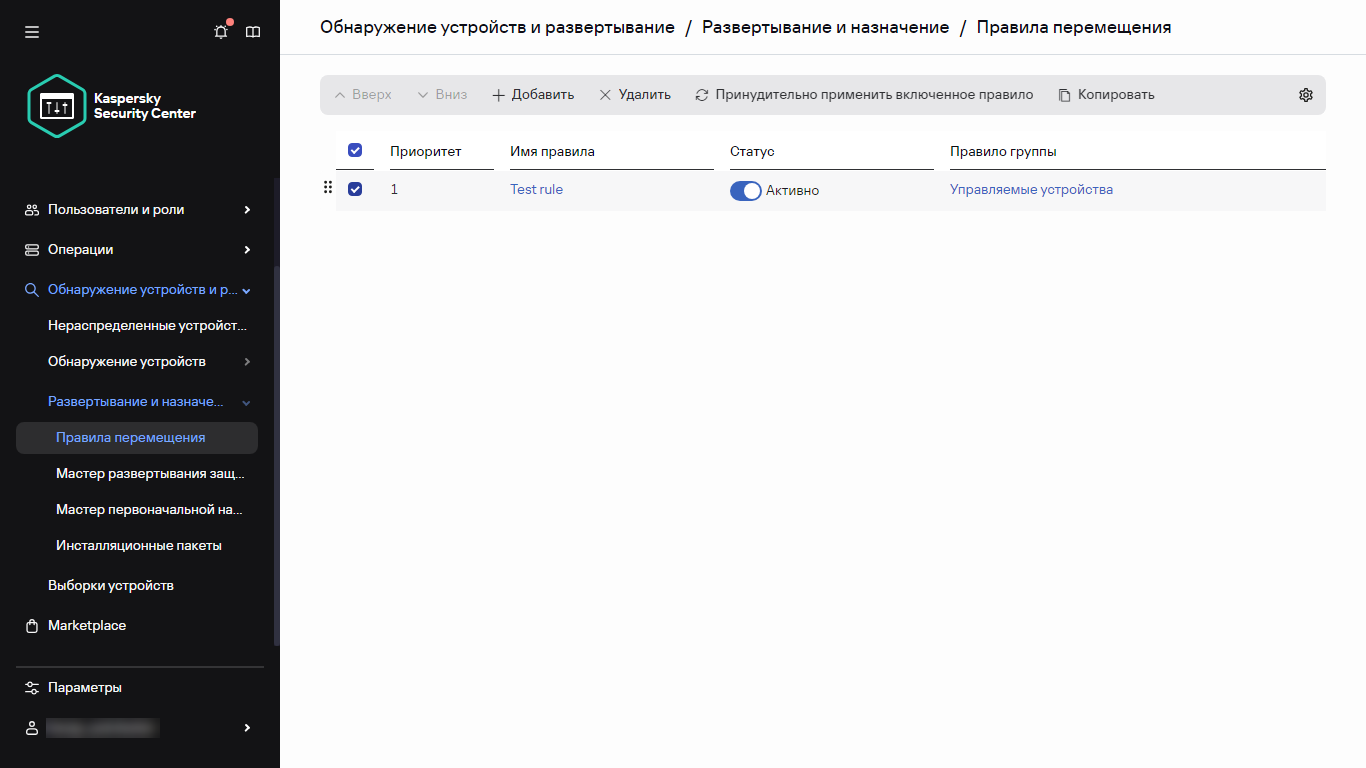 Выбранная строка в разделе Правила перемещения.