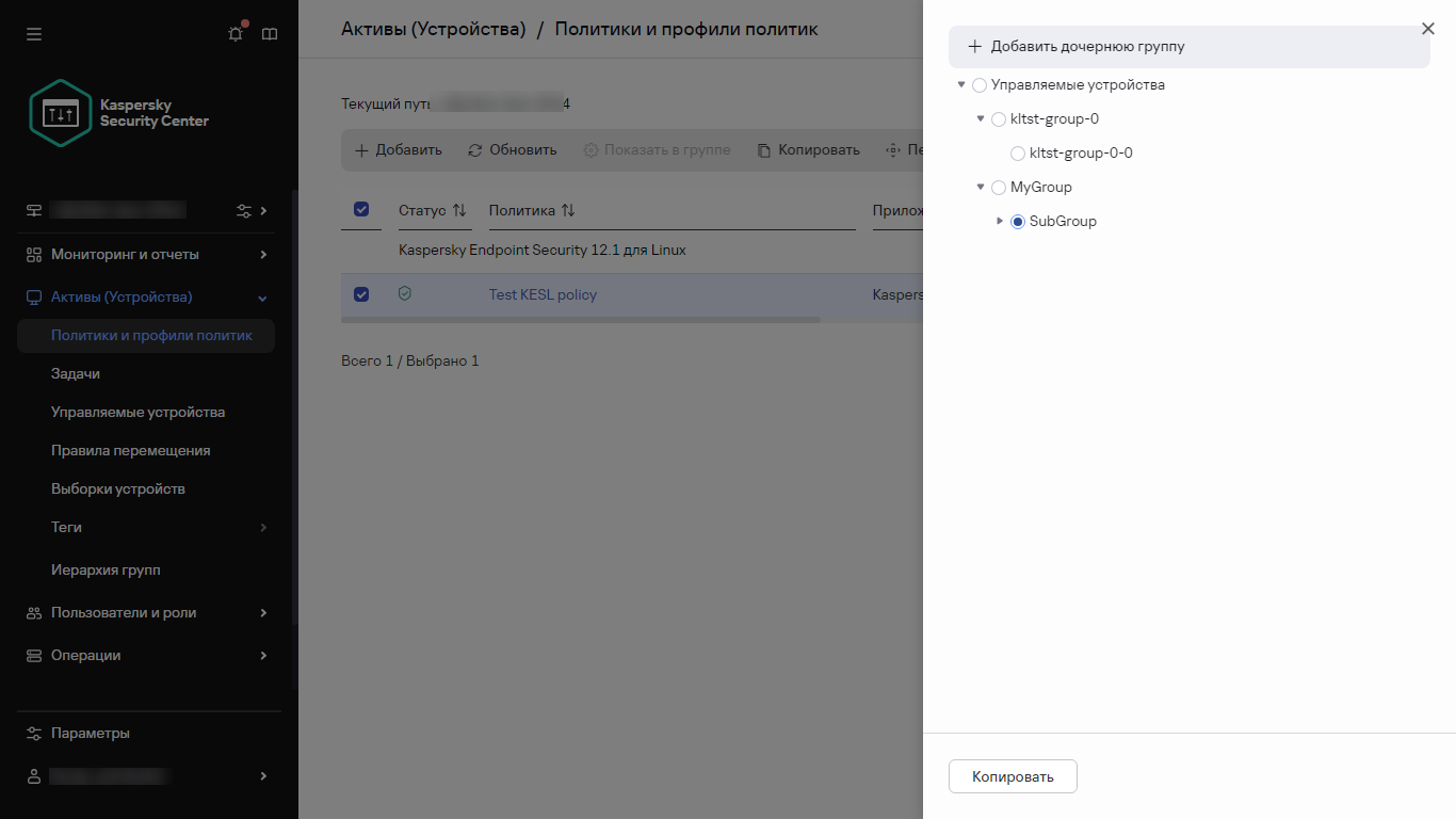 Выберите группу, чтобы скопировать панель политики.