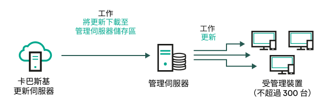 將更新下載至管理伺服器儲存區工作而無需發佈點。