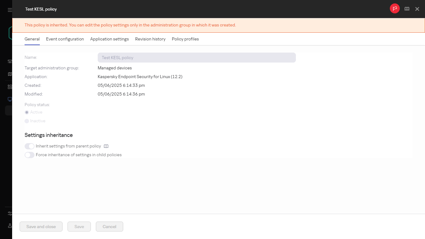 Eine geerbte Richtlinie, die nicht bearbeitet werden kann.