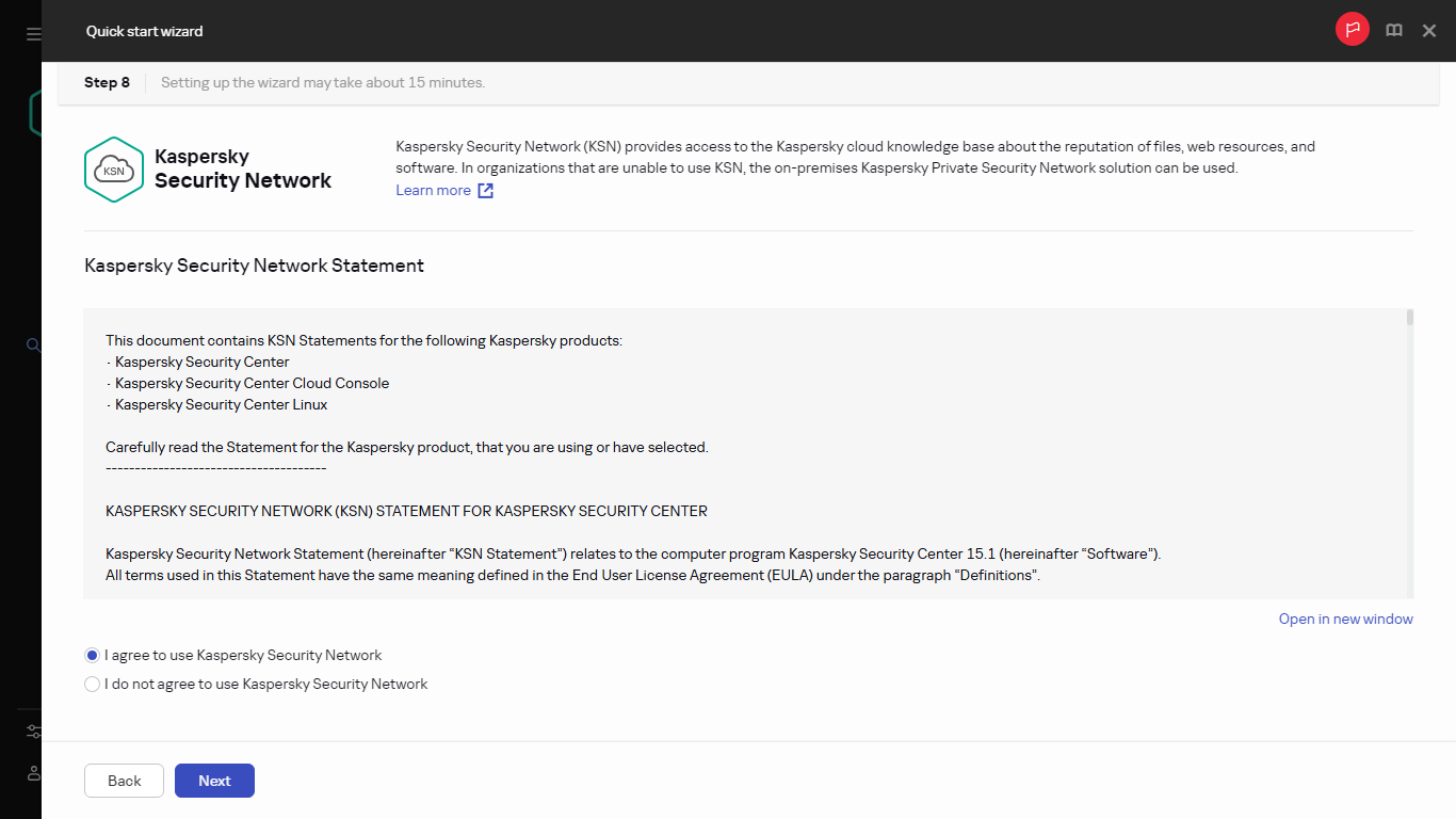 Der Schritt "Kaspersky Security Network" des Schnellstartassistenten.