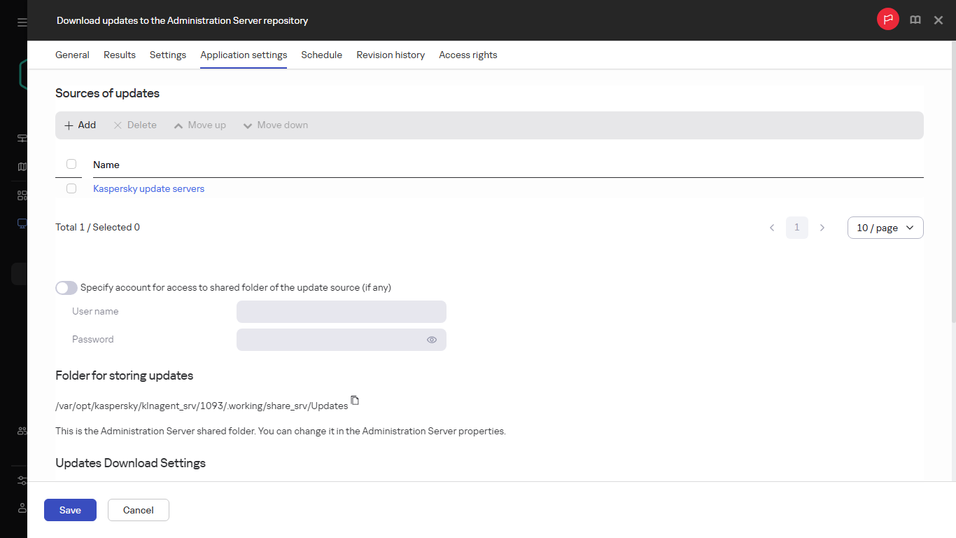Registerkarte "Anwendungseinstellungen" des Aufgabenfensters "Download von Updates in die Datenverwaltung der Verteilungspunkte".