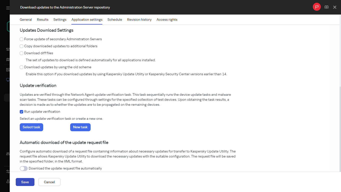 Die Registerkarte "Anwendungseinstellungen" des Aufgabenfensters "Download von Updates in die Datenverwaltung der Verteilungspunkte".