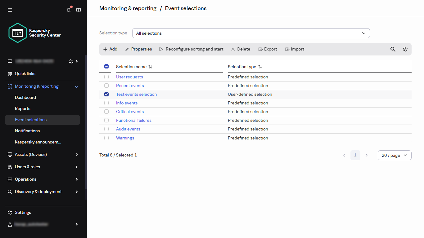 Die Liste der Ereignisauswahlen mit dem ausgewählten Ereignis.