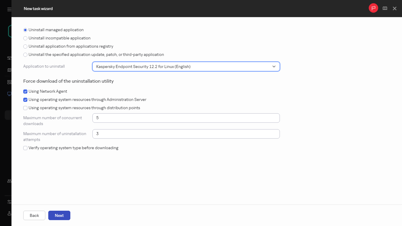 Einstellungen der Aufgabe zur Remote-Deinstallation einer Anwendung