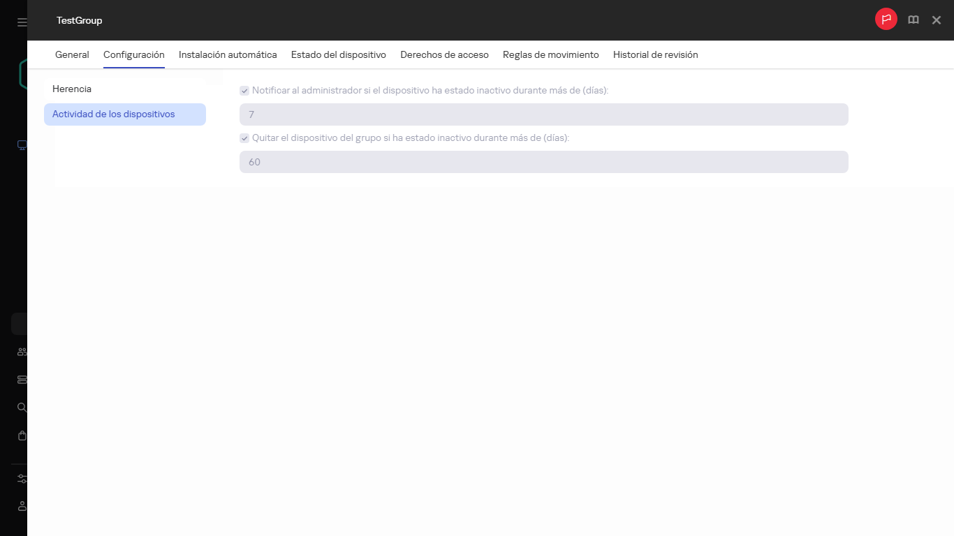 Actividad de los dispositivos en la pestaña Configuración.