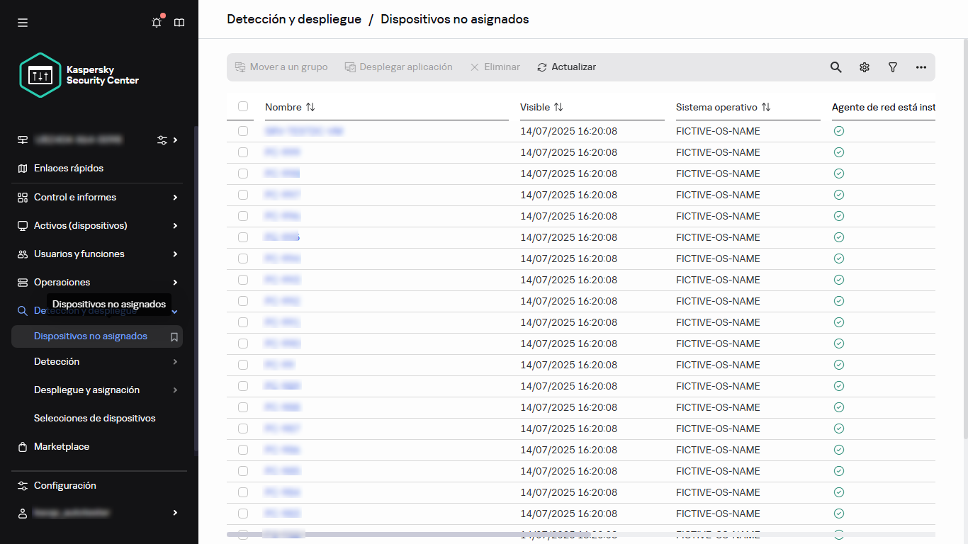 La sección Dispositivos no asignados en Detección y despliegue.