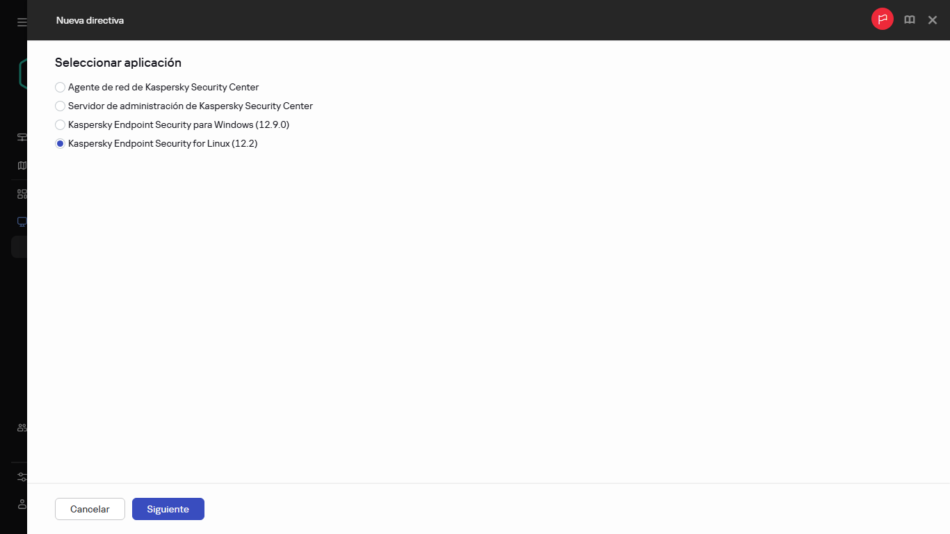 Seleccionar la aplicación para la que se está creando la nueva directiva.