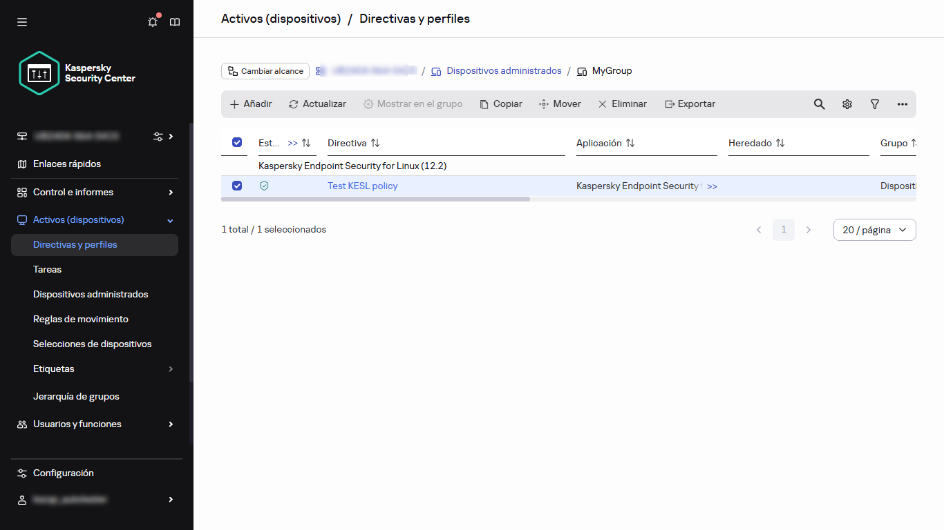 Ventana de directivas y perfiles con la directiva elegida.