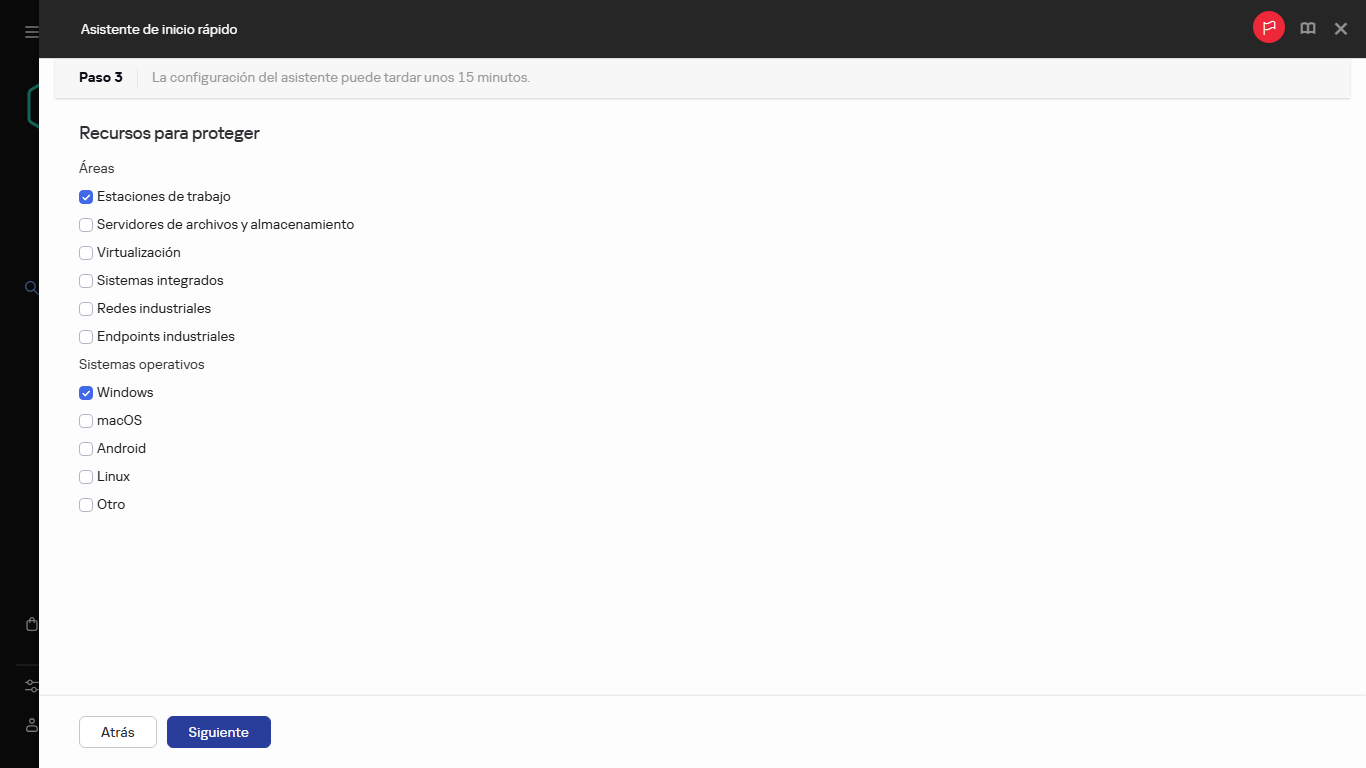 El paso de activos que deben protegerse del Asistente de inicio rápido.