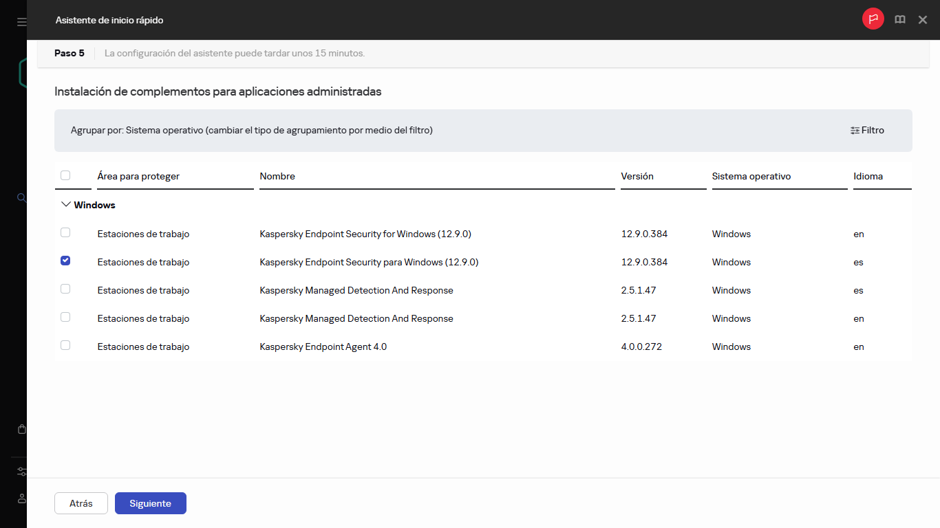 El paso de instalación de complementos del Asistente de inicio rápido.