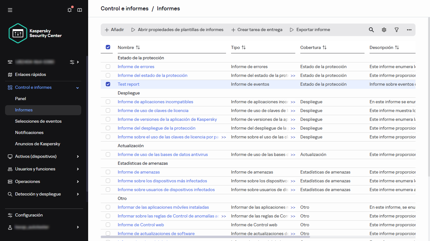 Lista de informes con el informe seleccionado.