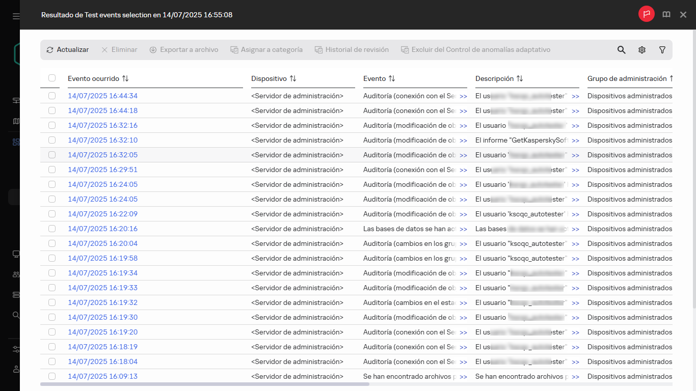 Resultado de la selección de eventos.