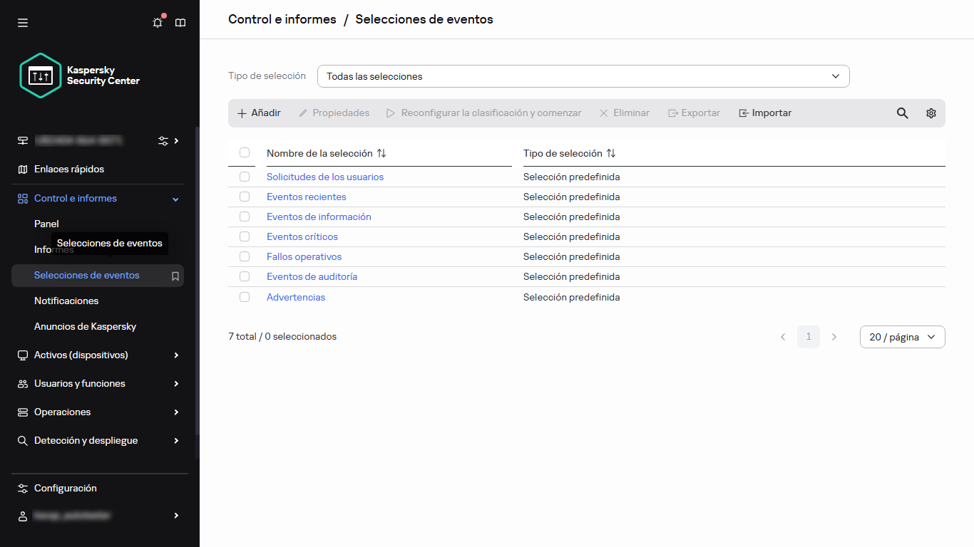 La lista de la selección de eventos