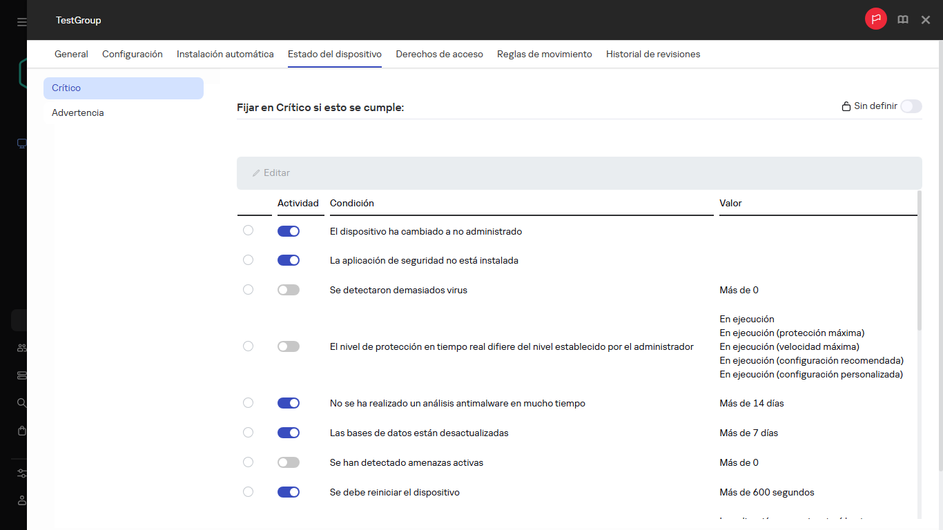 Establecer el estado Crítico en el grupo Estado del dispositivo.