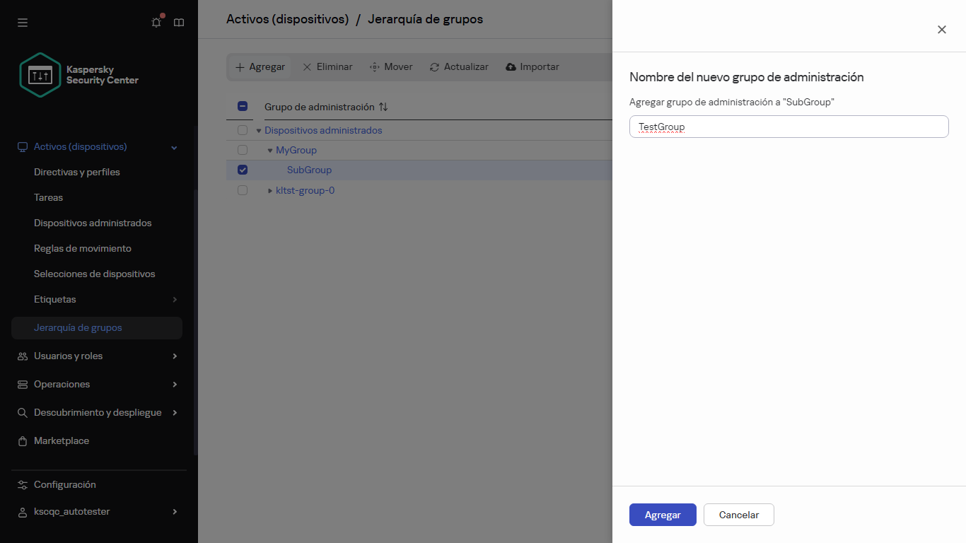 Panel de Agregar un nuevo grupo.